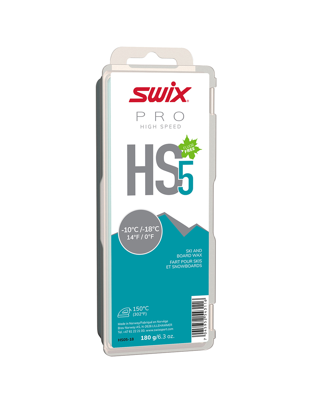 SWIX Парафин SWIX HS5 TURQUOISE -10/-18°C, 180 г Артикул: HS05-18